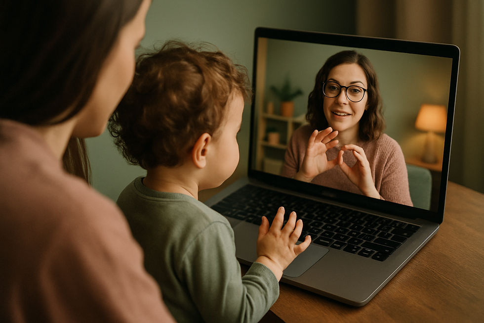 Over-the-shoulder view of a parent and toddler on a video therapy call with the therapist on screen during how speech therapy