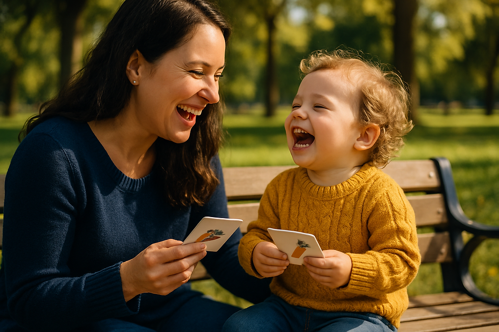 Mother and her happy toddler laughing on a sunny park bench holding picture cards during 10 speech delay activities