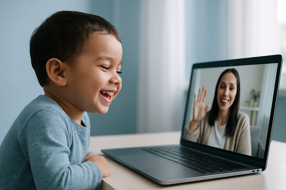 Young child grinning at a laptop screen showing a friendly therapist waving back — Bilingual Child Speech Development: What's