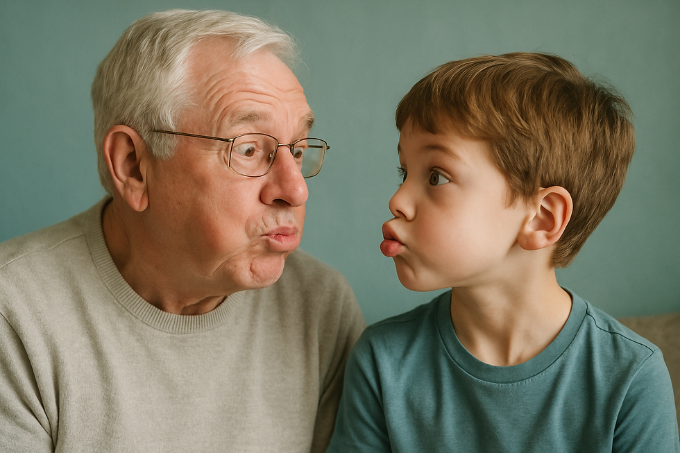 Grandparent and grandchild face-to-face making silly mouth shapes together during parental support therapy goals