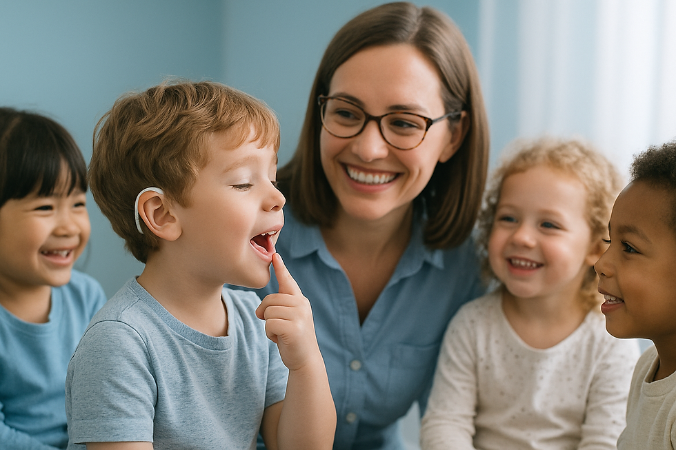 Cheerful small group of preschoolers seated in a semicircle with a smiling teacher during speech therapy for sensory processi