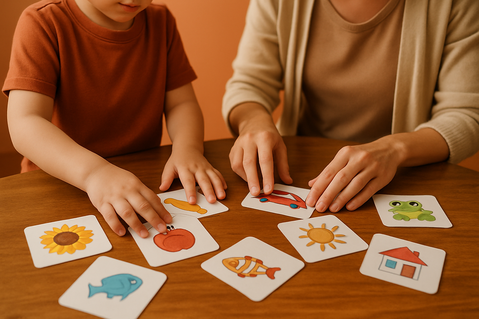 Close-up of a child's hands and a therapist's hands sorting bright picture cards on a wood table during echolalia child autis