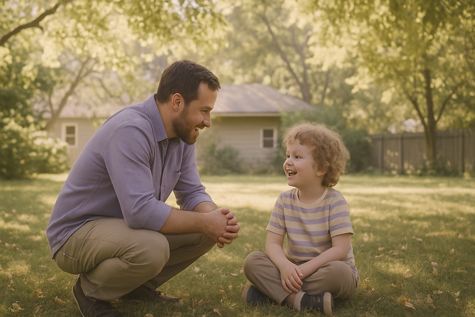 Father crouched down eye-level with his smiling child in a leafy backyard during storytelling is great for kids with autism