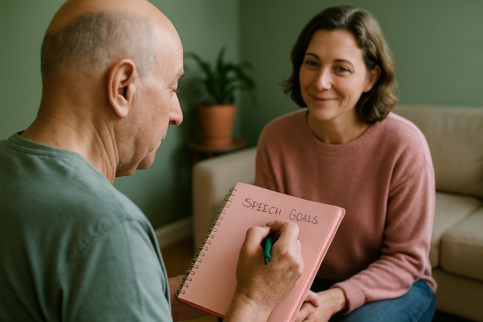 Over-the-shoulder view of an adult writing speech goals in a bright notebook during speech therapy for adults after a stroke