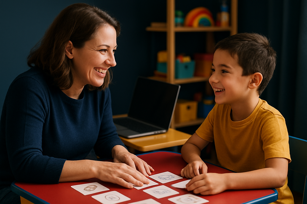 Warm speech therapist smiling with a school-age child at a colorful table with flashcards during what is virtual speech thera