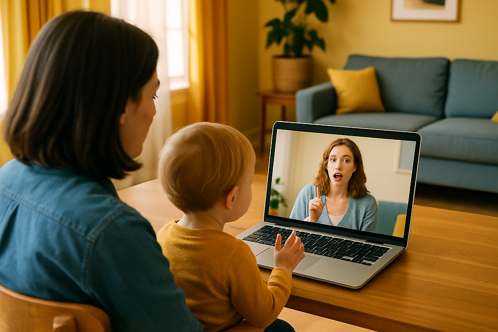 Over-the-shoulder view of a parent and toddler on a video therapy call — Apraxia of Speech vs Speech Sound Disorder Differenc