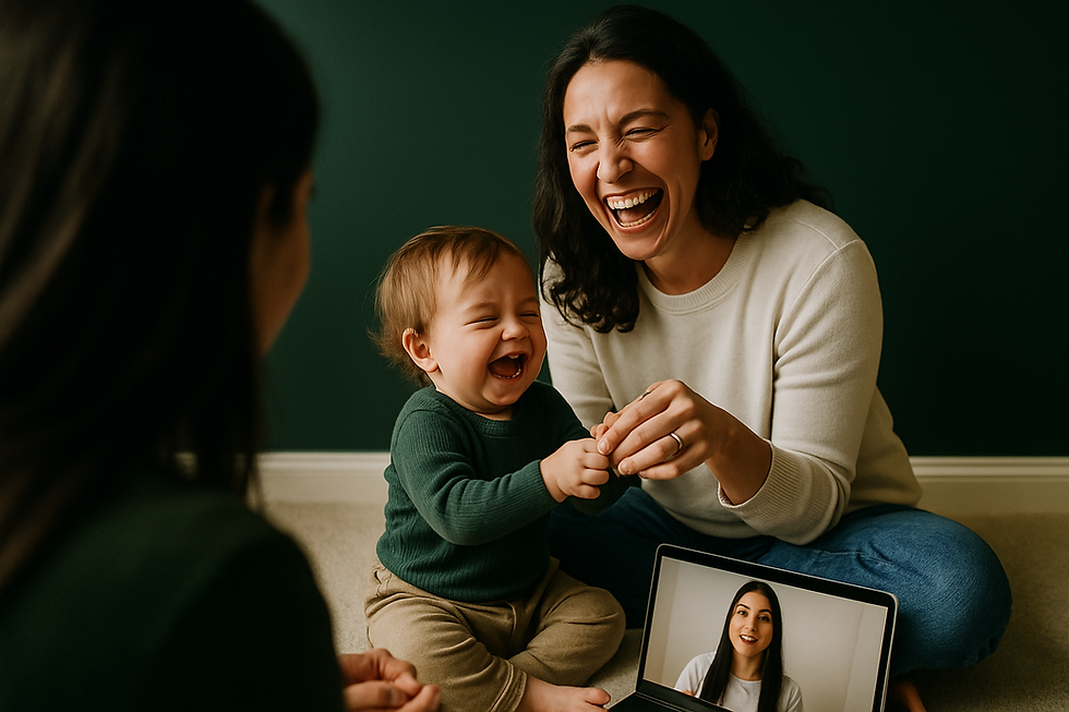 Laughing mother sitting cross-legged on the floor playing with her giggling toddler during from assessment to graduation trac