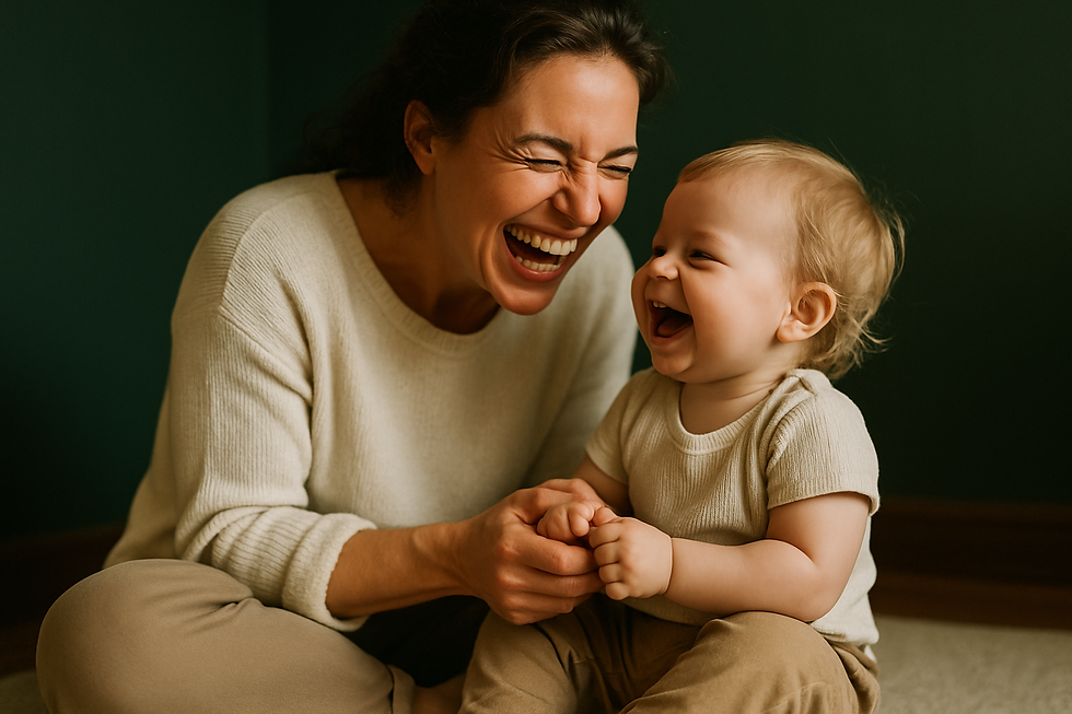 Laughing mother sitting cross-legged on the floor playing with her giggling toddler during executive dysfunction signs strate