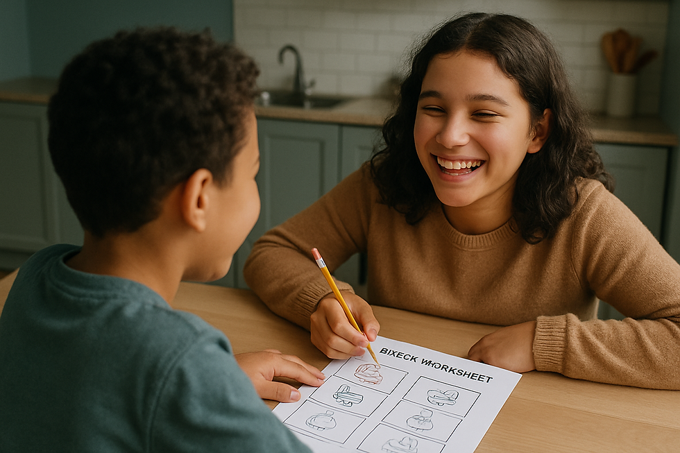 Two happy siblings around a kitchen table doing a speech worksheet together — Speech Therapy for Autism: Evidence-Based Suppo
