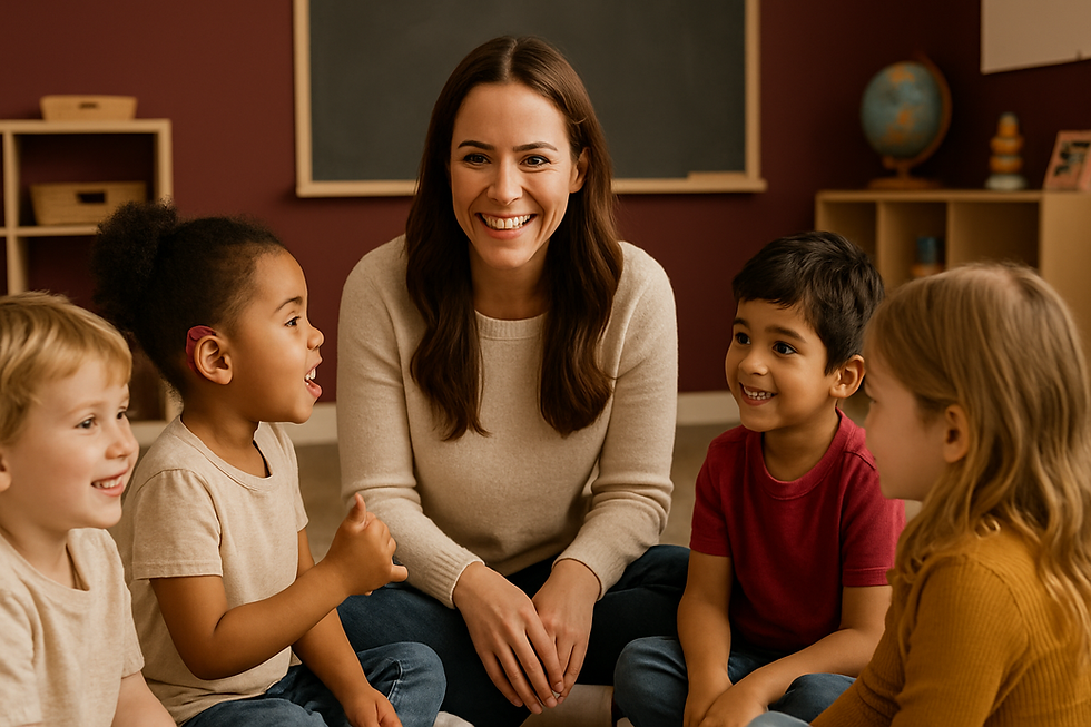 Cheerful small group of preschoolers seated in a semicircle with a smiling teacher during the impact of hearing loss in speec