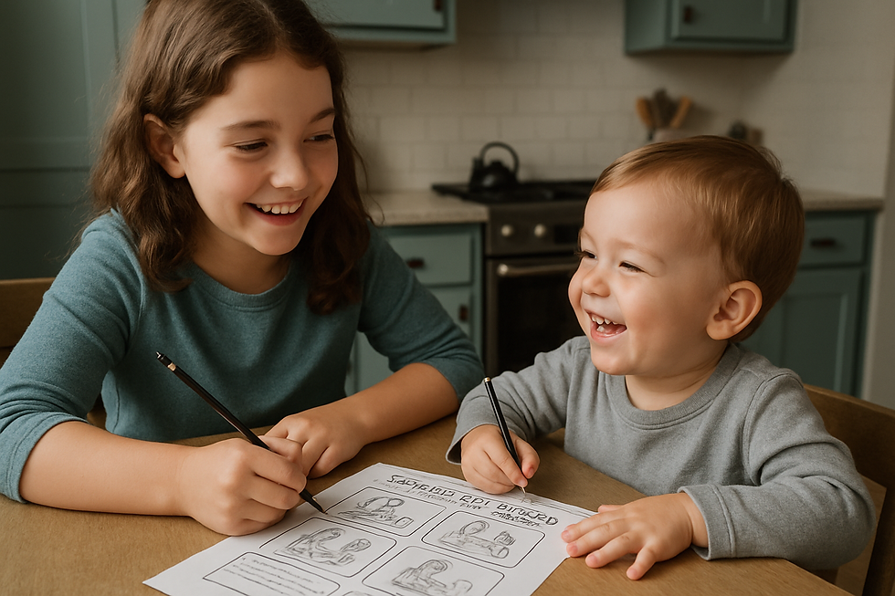 Two happy siblings around a kitchen table doing a speech worksheet together during speech tips for late talker toddler