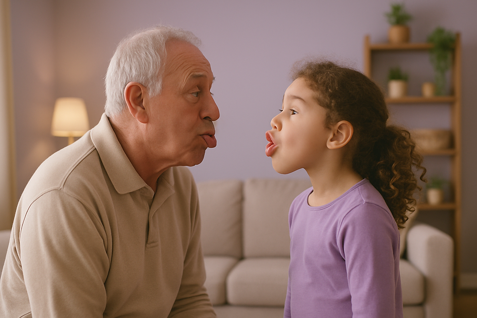 Grandparent and grandchild face-to-face making silly mouth shapes together during is your child s speech development a concer