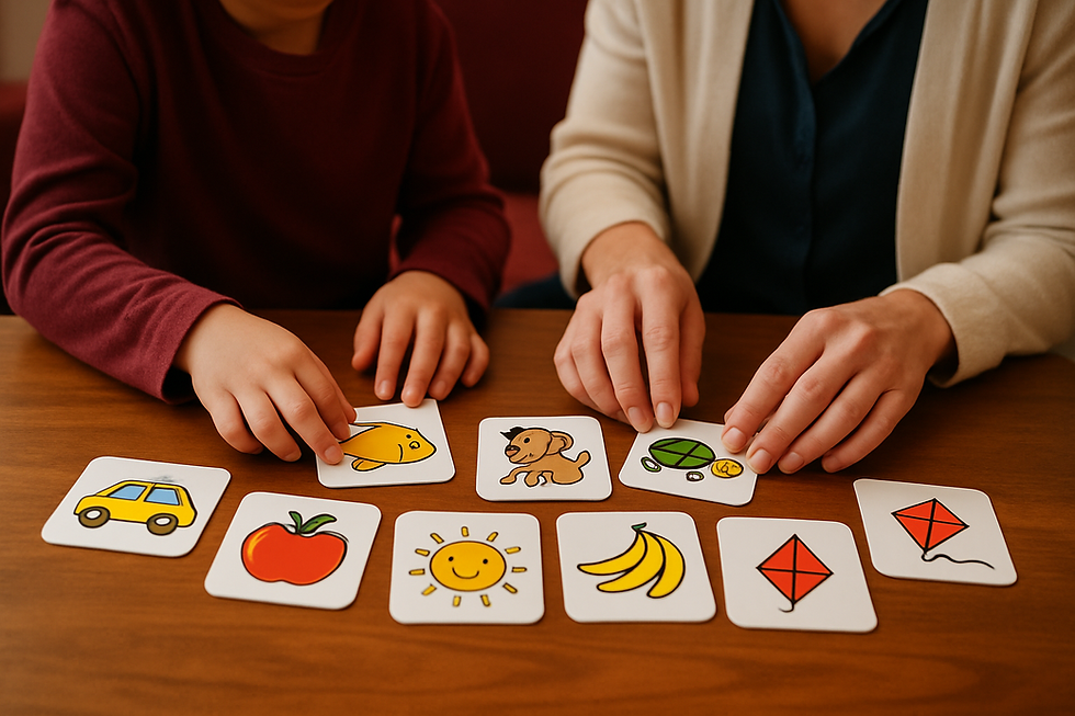Close-up of a child's hands and a therapist's hands sorting bright picture cards on a wood table during stuttering and typica