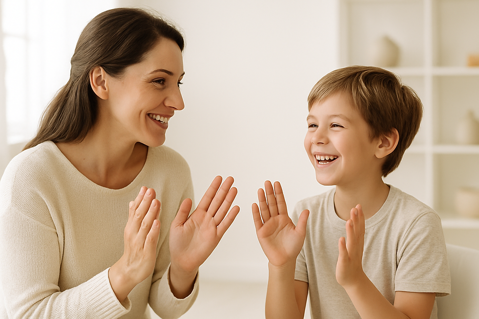 Warm speech therapist and a smiling school-age child during childhood apraxia of speech signs diagnosis and therapy