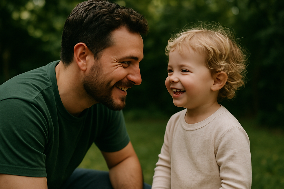 Father crouched down eye-level with his smiling child in a leafy backyard during how to improve communication skills