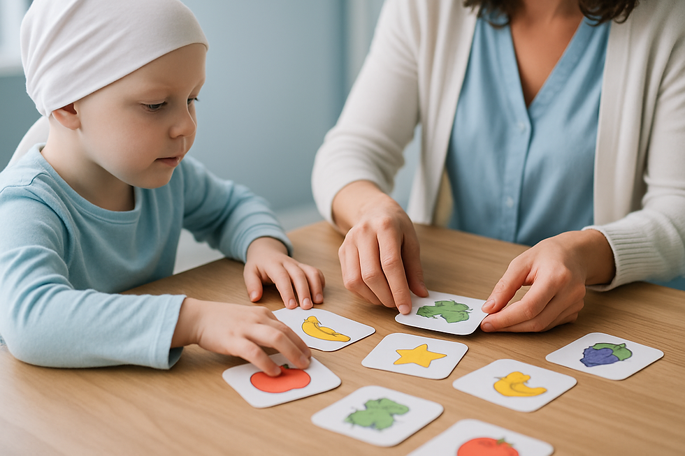 Close-up of a child's hands and a therapist's hands sorting bright picture cards on a wood table during speech therapy for ca