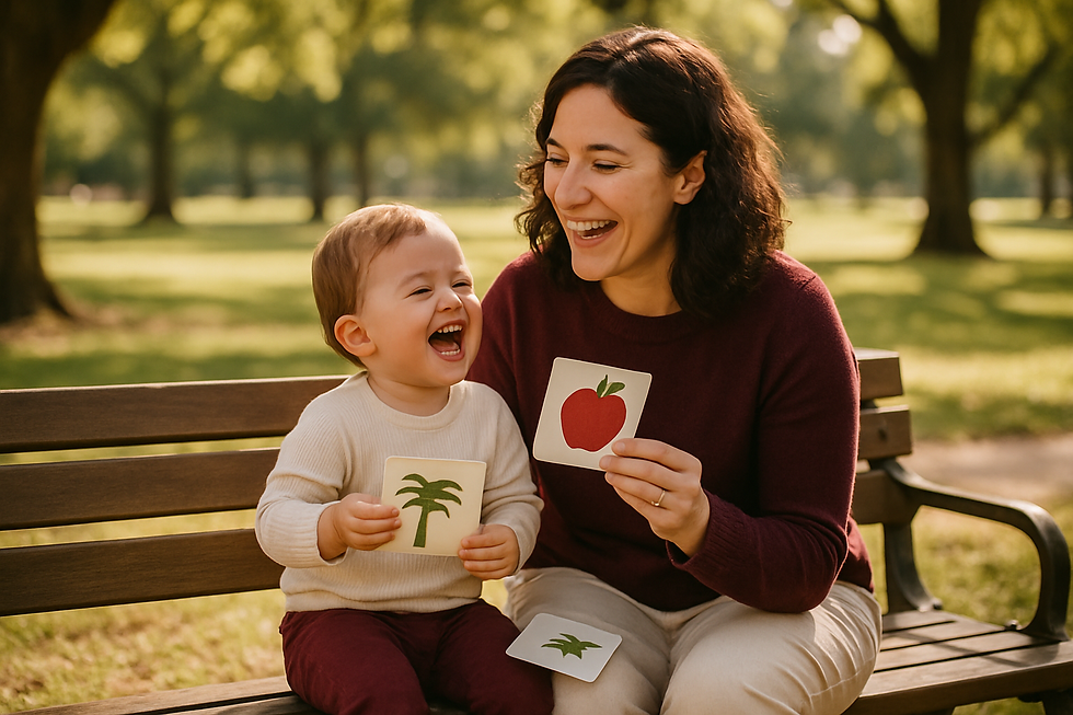 Mother and her happy toddler laughing on a sunny park bench holding picture cards during speech therapy online everyone benef