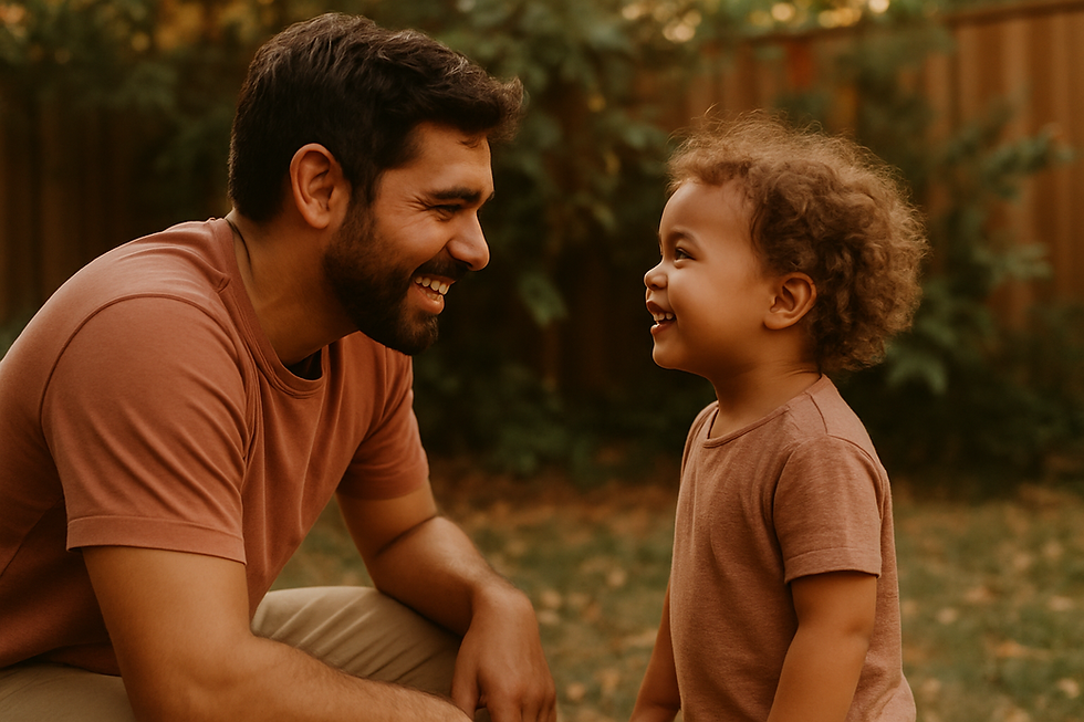 Father crouched down eye-level with his smiling child in a leafy backyard during 12 must try tech tools for child communicati