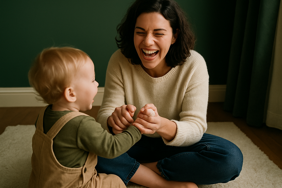 Laughing mother sitting cross-legged on the floor playing with her giggling toddler during stuttering vs cluttering
