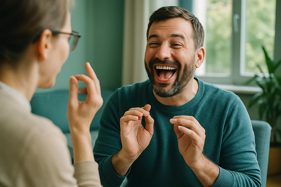 Laughing adult in a home setting during a therapy session during how to roll your rs trilled r guide for adults