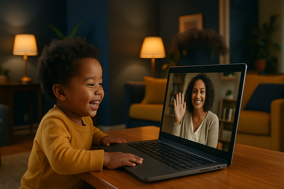 Young child grinning at a laptop screen showing a friendly therapist waving back — Late Talker vs Speech Delay: How Parents C