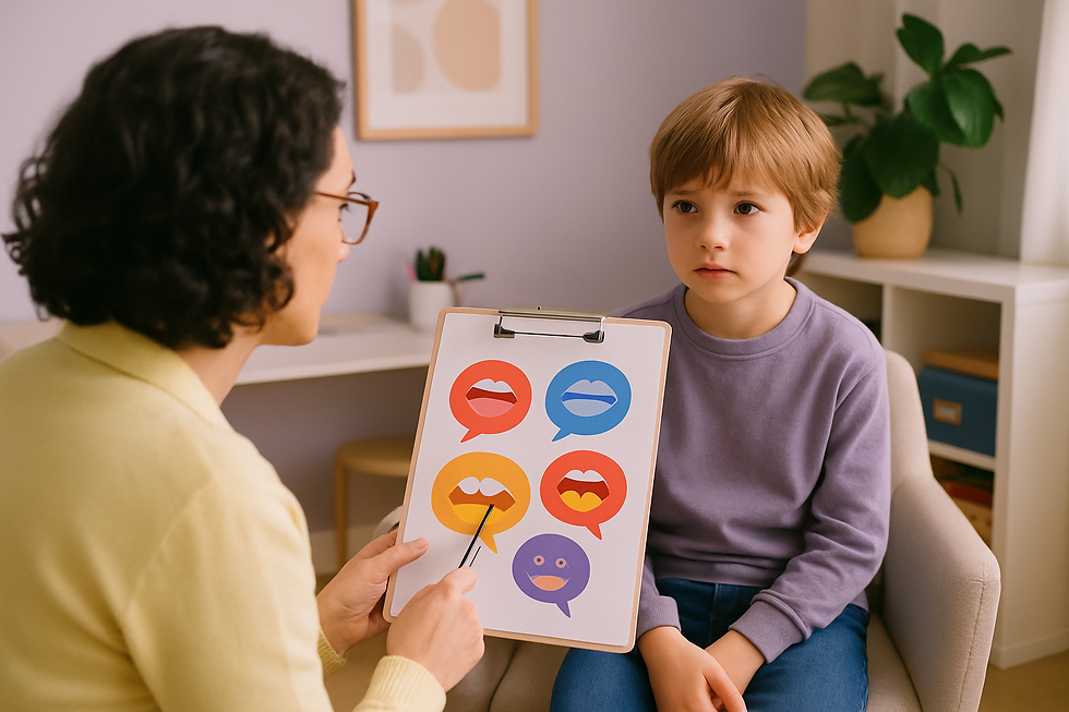 Over-the-shoulder view of a therapist pointing to a colorful speech chart with a child watching during apraxia of speech vs s