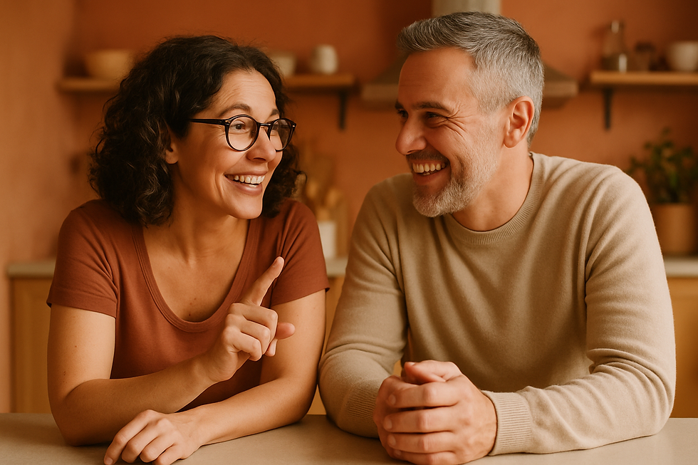 Happy adult couple practicing communication together on a bright kitchen bench during accent vs dialect
