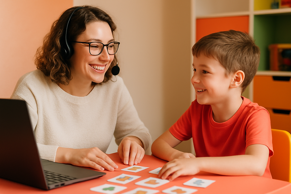 Warm speech therapist smiling with a school-age child at a colorful table with flashcards during is virtual speech therapy ef