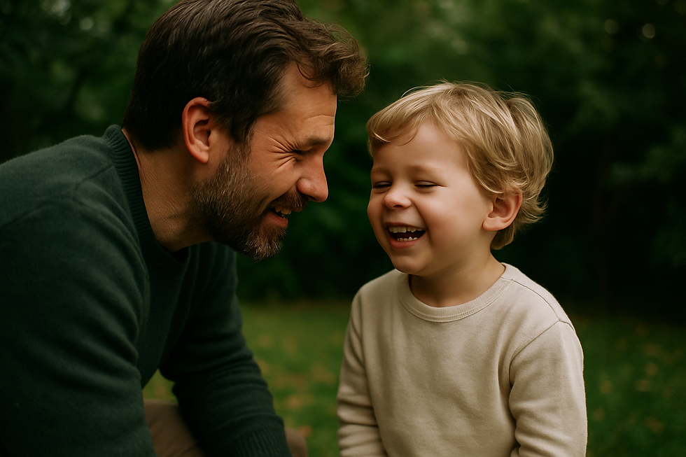 Father crouched down eye-level with his smiling child in a leafy backyard during hoarse voice causes