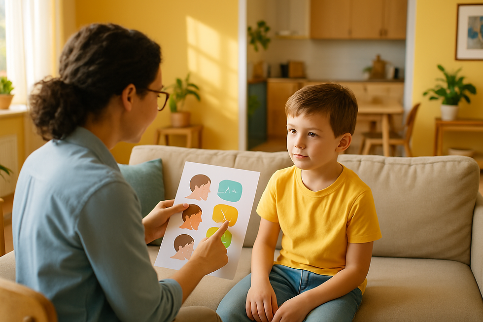 Over-the-shoulder view of a therapist pointing to a colorful speech chart with a child watching during how to prevent the sum