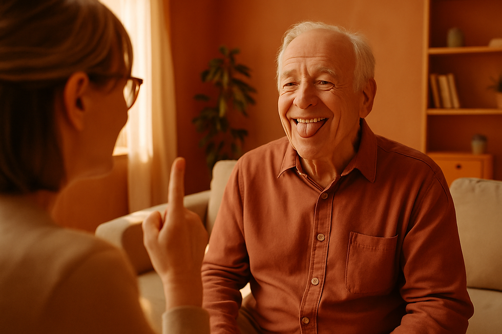 Happy senior adult practicing speech exercises in a sunlit home setting during can better speech assist with dysphagia