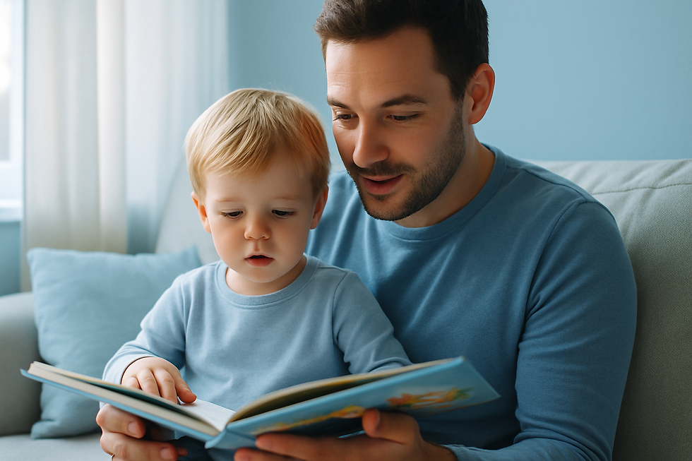 Father and his young son reading a picture book together on a sunlit sofa during is your toddler a late talker or is it somet