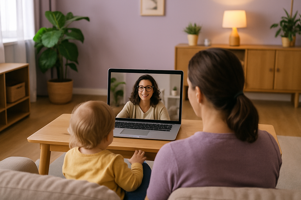 Over-the-shoulder view of a parent and toddler on a video therapy call with the therapist on screen during do you accept insu