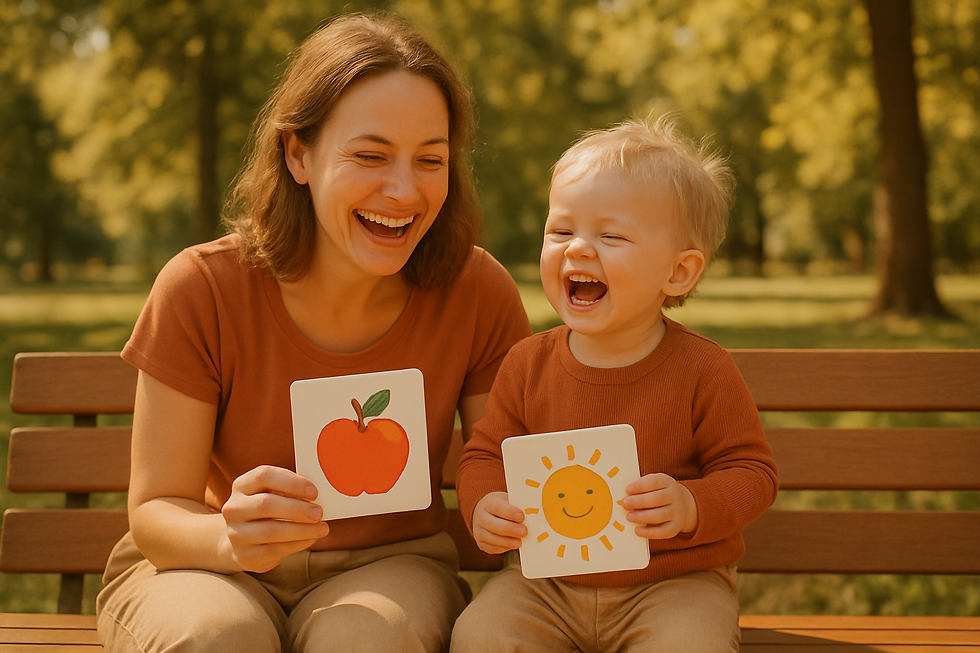 Mother and her happy toddler laughing on a sunny park bench holding picture cards during books for speech development