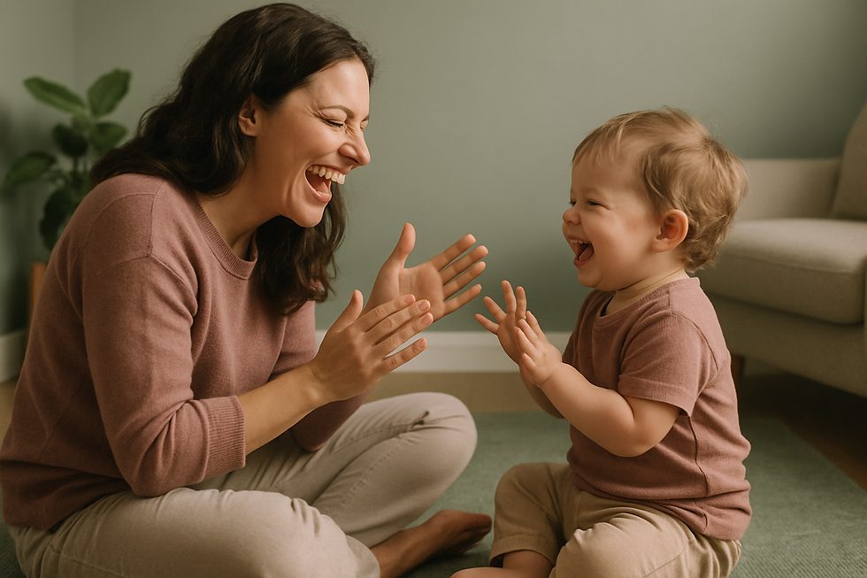 Laughing mother sitting cross-legged on the floor playing with her giggling toddler during speech therapy for sensory process