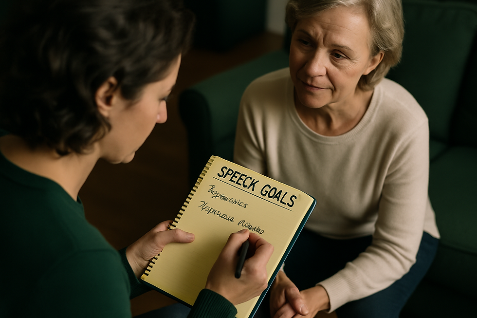 Over-the-shoulder view of an adult writing speech goals in a bright notebook during dysarthria vs expressive aphasia