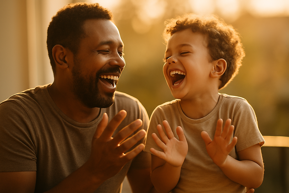 Joyful father and his laughing son during stuttering 3 types causes and