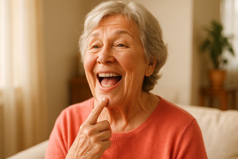Happy senior adult practicing speech exercises in a sunlit home setting during dysarthria vs expressive aphasia