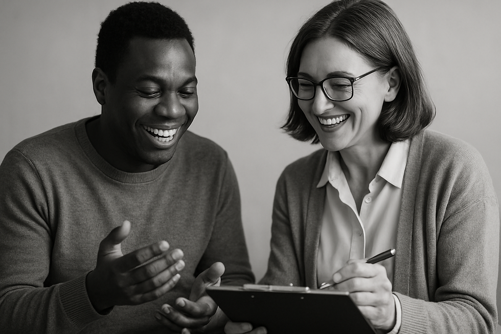 Cheerful adult and therapist reviewing progress notes during dyspraxia in adults signs diagnosis and treatment explained