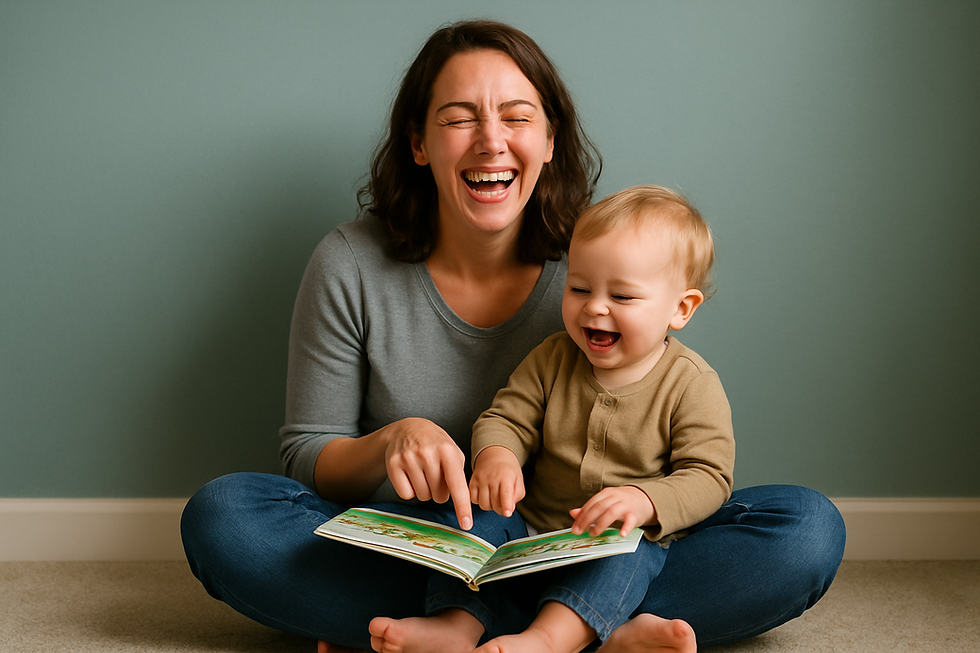 Laughing mother sitting cross-legged on the floor playing with her giggling toddler during best way to read to kids dialogic