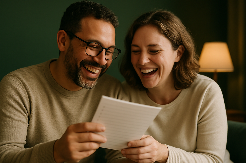 Adult and their partner laughing together while looking at exercise notes during what is virtual speech therapy for adults an