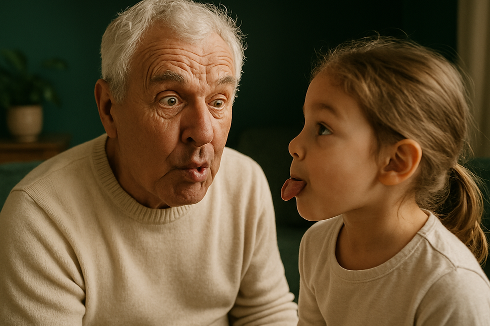 Grandparent and grandchild face-to-face making silly mouth shapes together during can my children participate in the same zoo