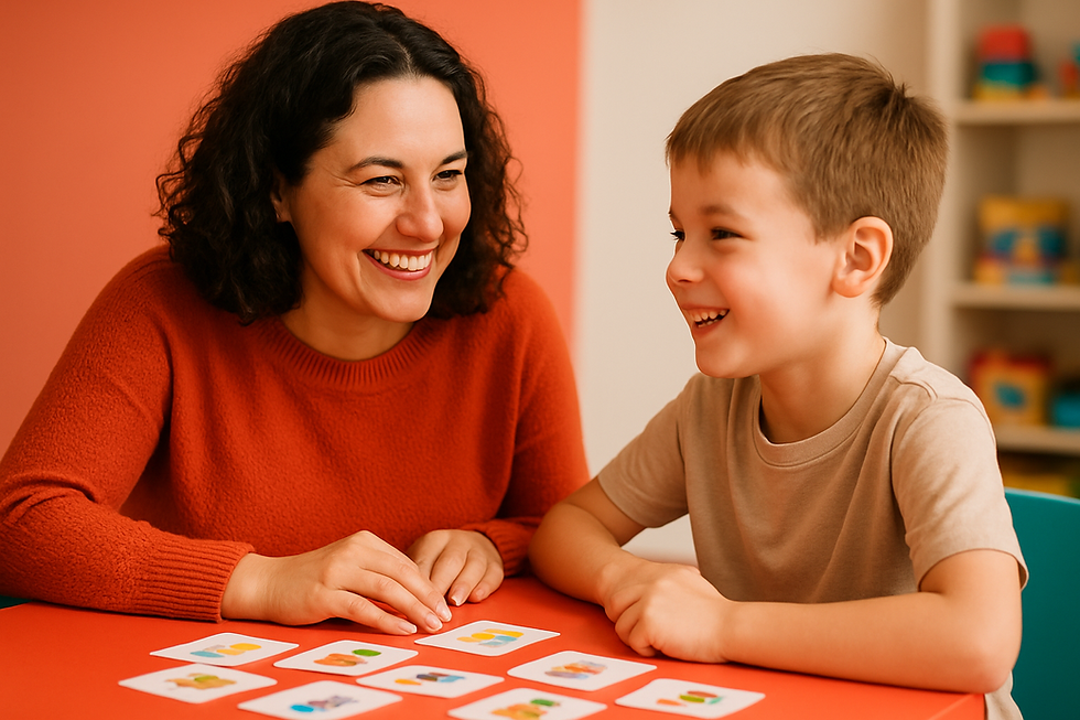 Warm speech therapist smiling with a school-age child at a colorful table with flashcards during 12 must try tech tools for c