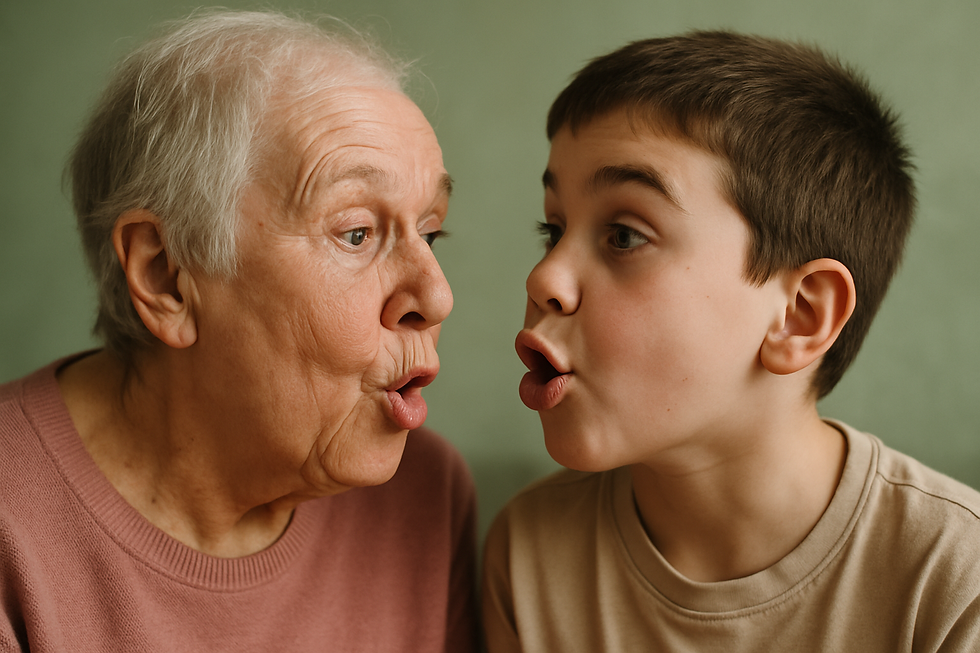Grandparent and grandchild face-to-face making silly mouth shapes together during speech therapy for traumatic brain injury