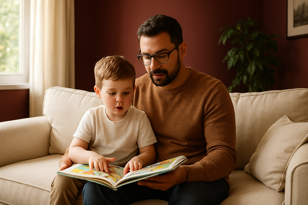 Father and his young son reading a picture book together on a sunlit sofa during apraxia or apraxia of speech and a case exam