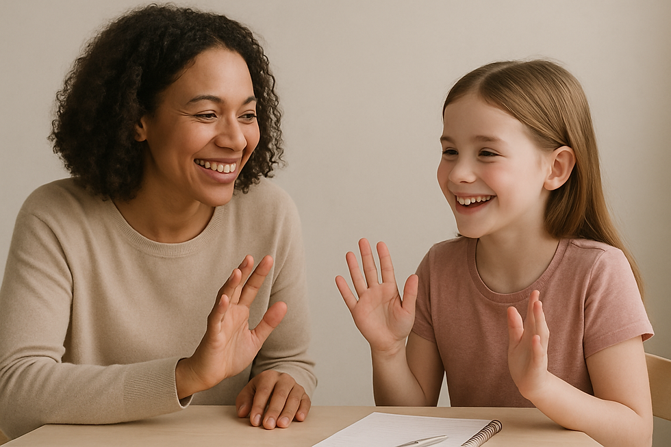Warm speech therapist and a smiling school-age child during speech therapy insurance coverage