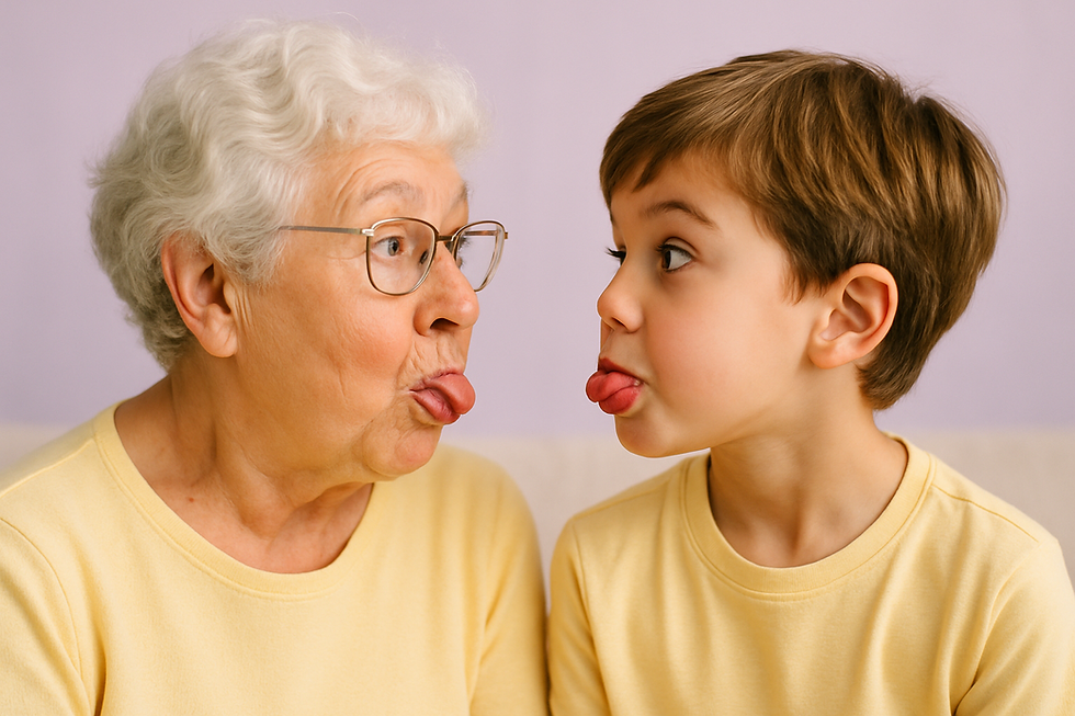 Grandparent and grandchild face-to-face making silly mouth shapes together during signs child needs therapy