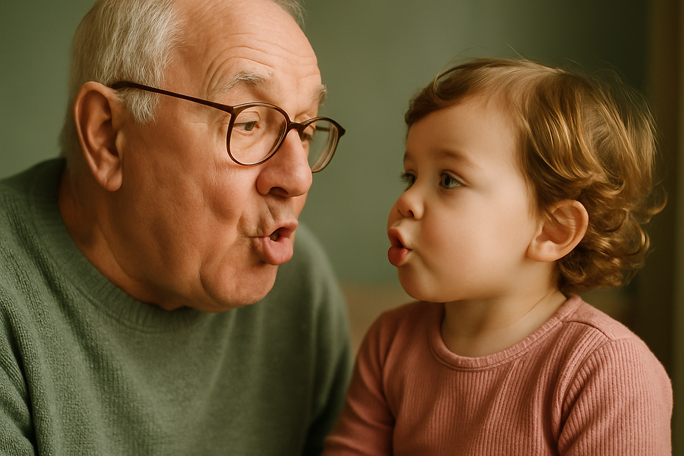 Grandparent and grandchild face-to-face making silly mouth shapes together during speech therapy for late talkers
