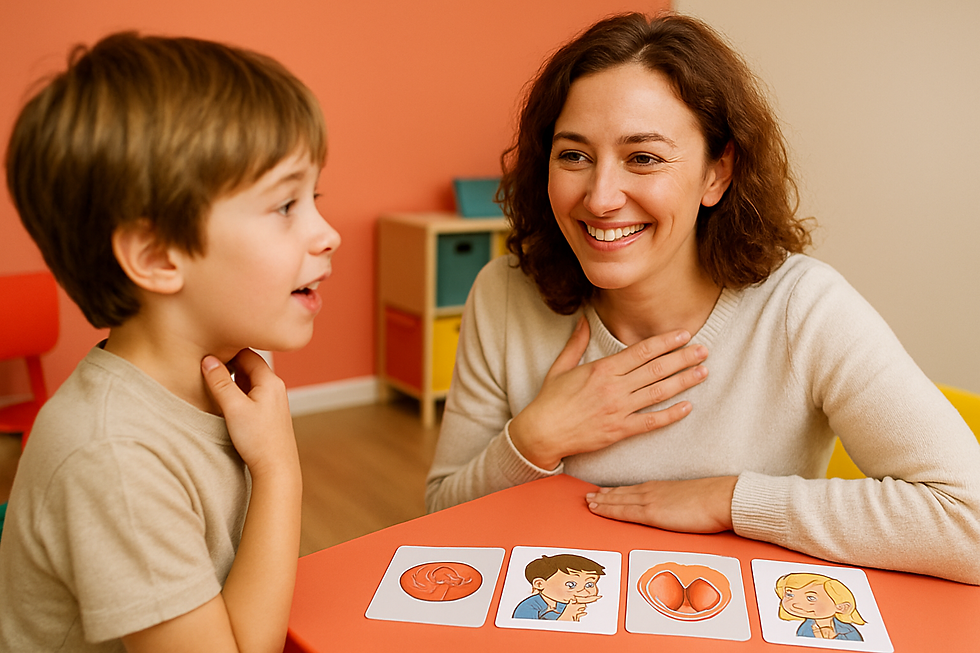 Warm speech therapist smiling with a school-age child at a colorful table with flashcards during hoarse voice causes