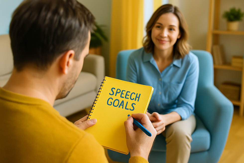Over-the-shoulder view of an adult writing speech goals in a bright notebook — Speech Therapy for Anxiety Public Speaking: Fi